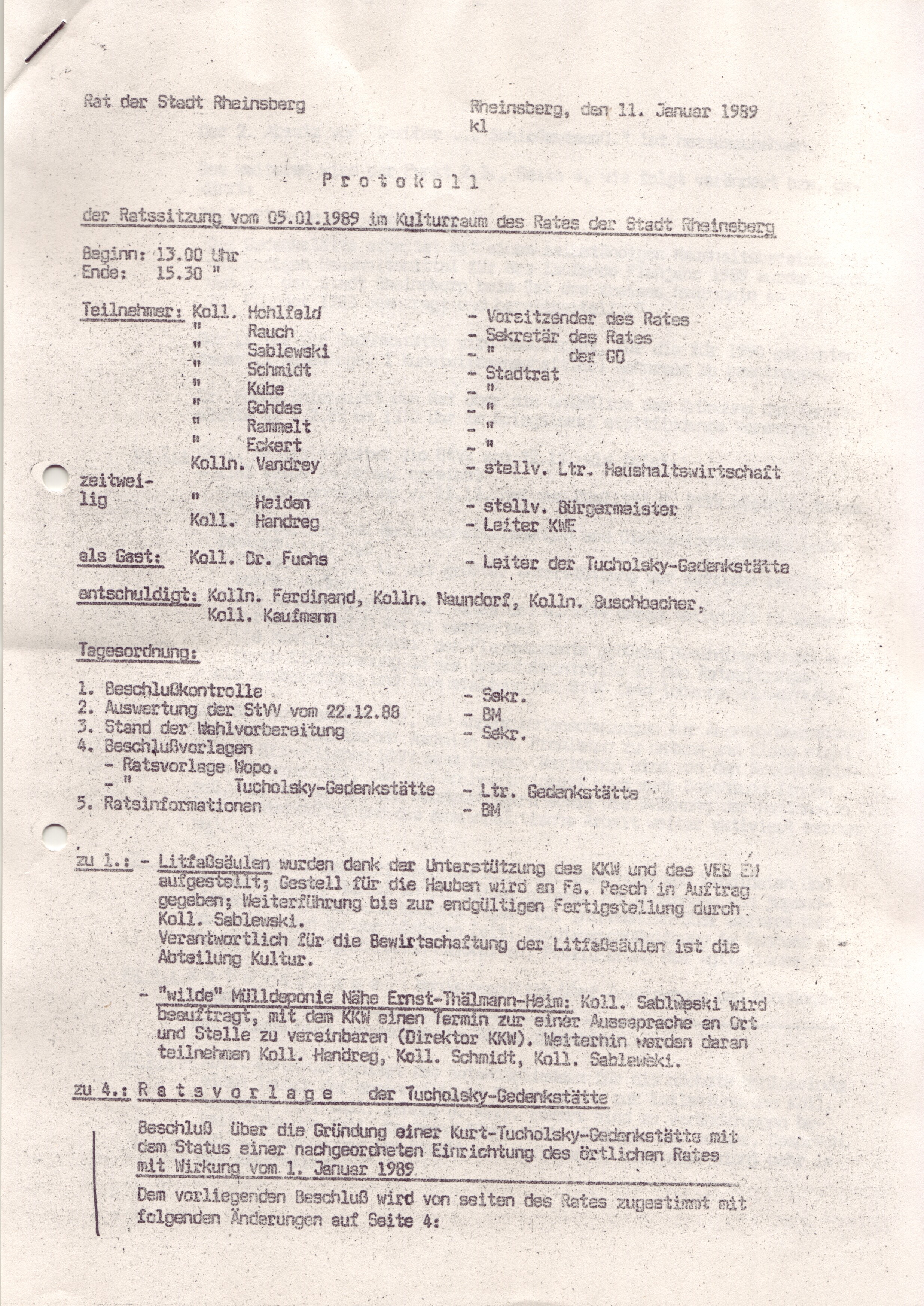 Protokoll Stadtverordnetenversammlung Rheinsberg vom 5. Januar 1989 (KTL, CC BY-NC-SA)